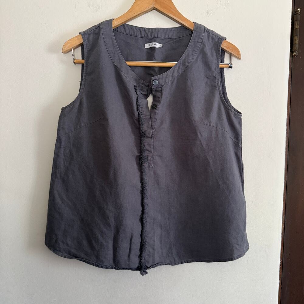 KESTAN | Linen Cotton Blend Sleeveless Keyhole Cross Back Blouse | Large